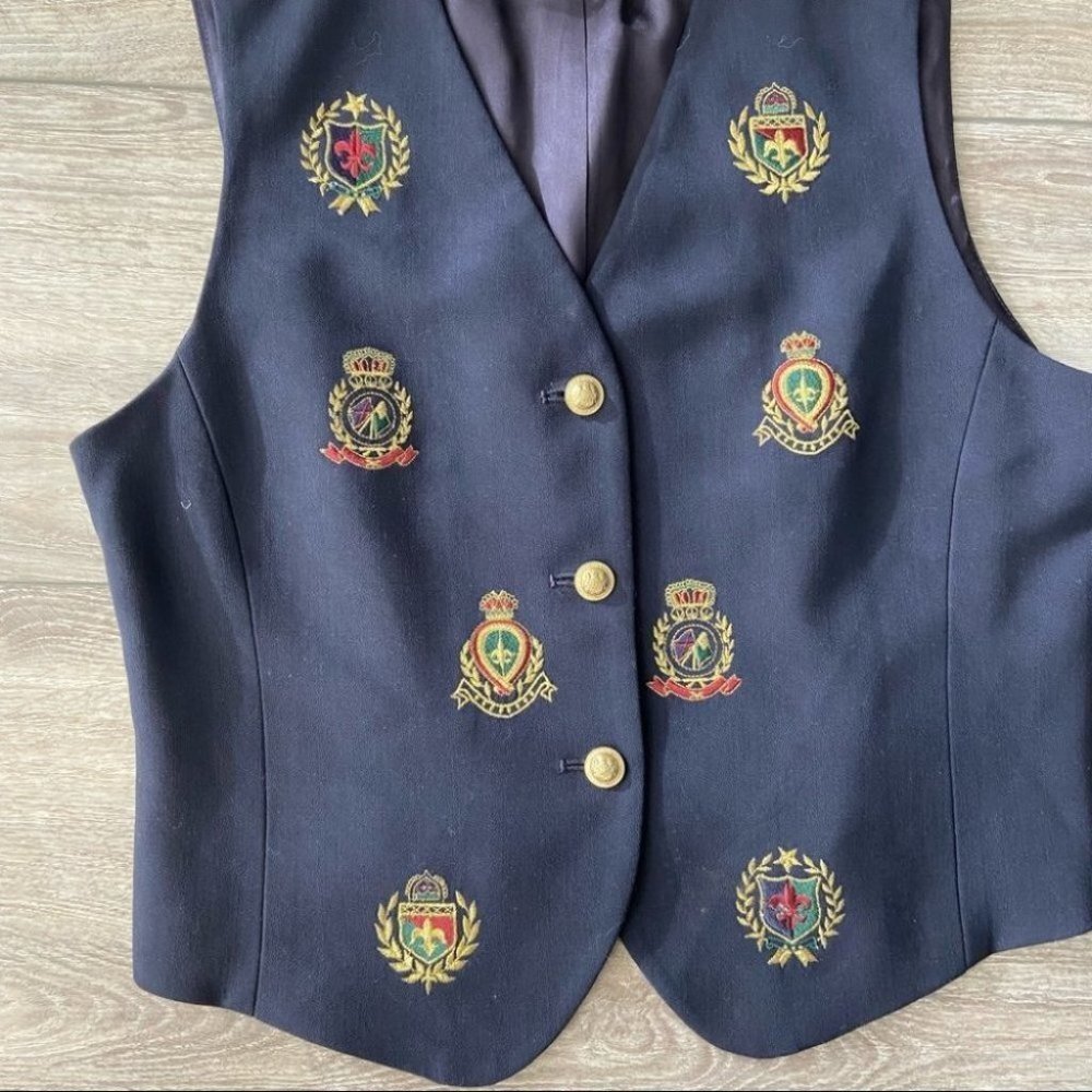 Vintage 90s Wool Liz Claiborne Gold Badge Fleur Navy Preppy Tailored Vest - Picture 2 of 11